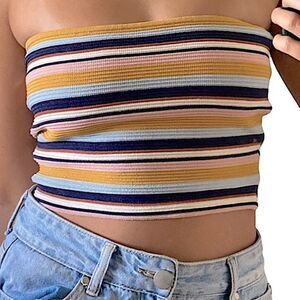 LA Hearts Ribbed Pac Sun Tube Crop striped merigold yellow blue top XS